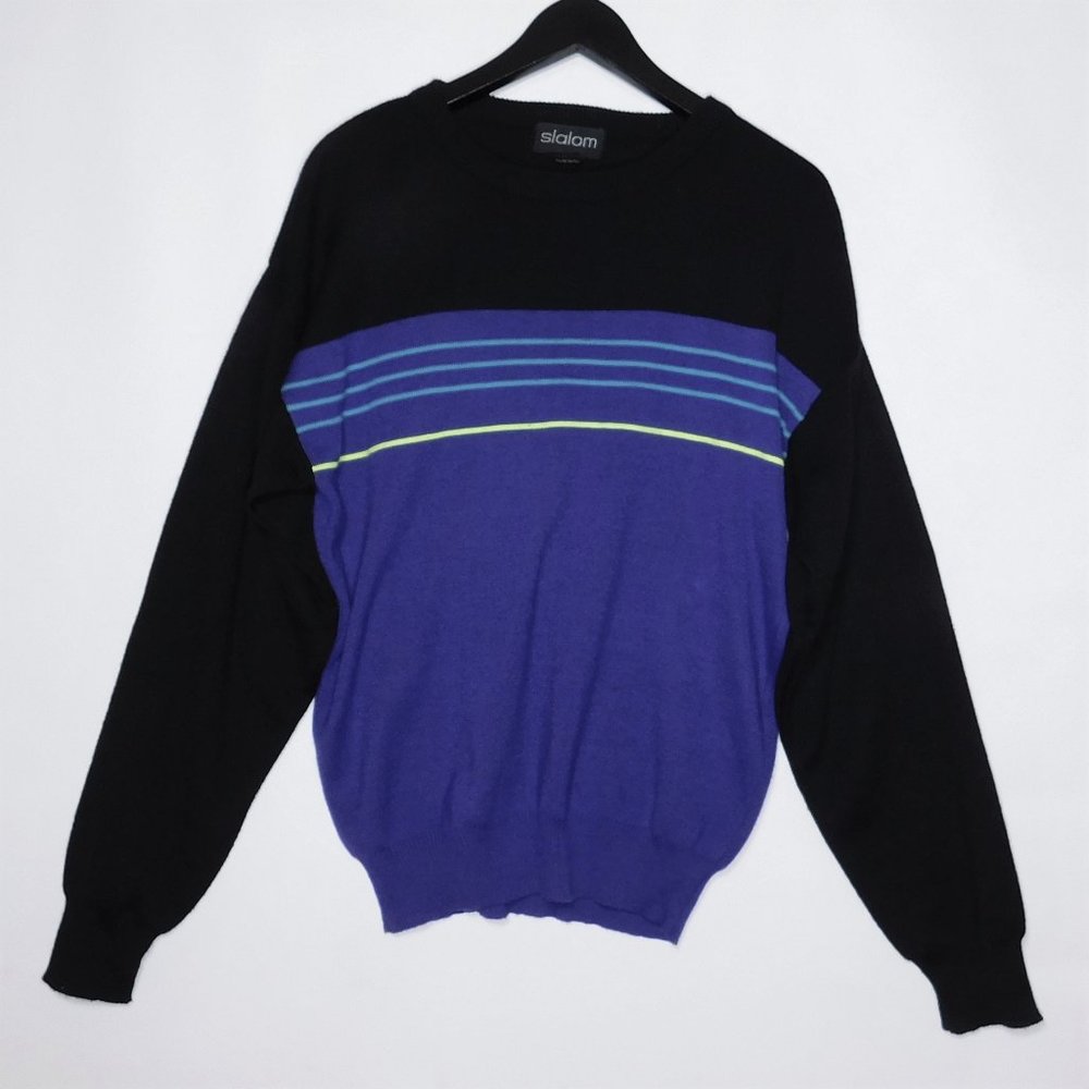 Vintage Original 1980s 1990s SLALOM Purple Black Striped Ski Snow Sweater Mens L